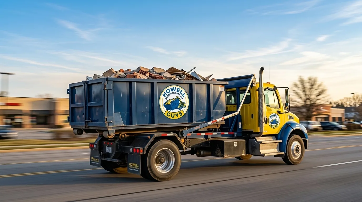 Locally owned dumpster rental company in Howell MI Howell Dumpster Rental Guys container on a Livingston County driveway